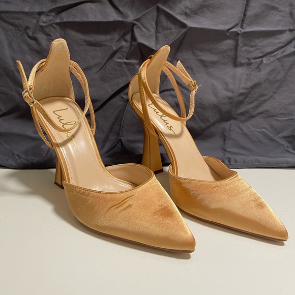 Lulus Shenay Gold Satin Pointed-Toe Ankle Strap Pumps - 8 - Picture 8 of 9